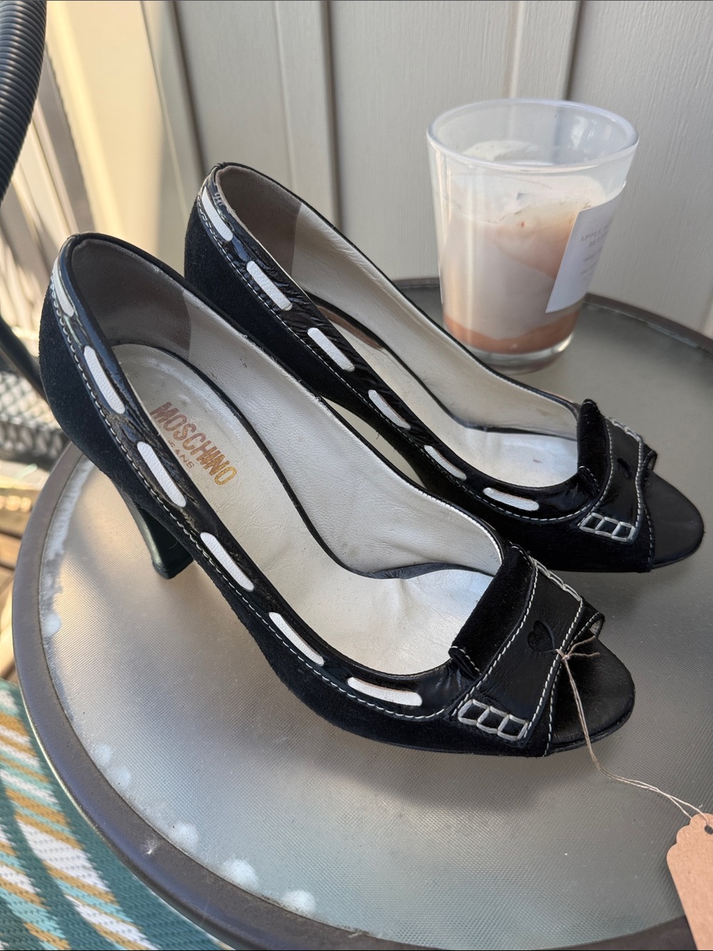 Moschino Jeans Black Suede Peep-Toe Women's Heels with Contrast Trim - Picture 9 of 9